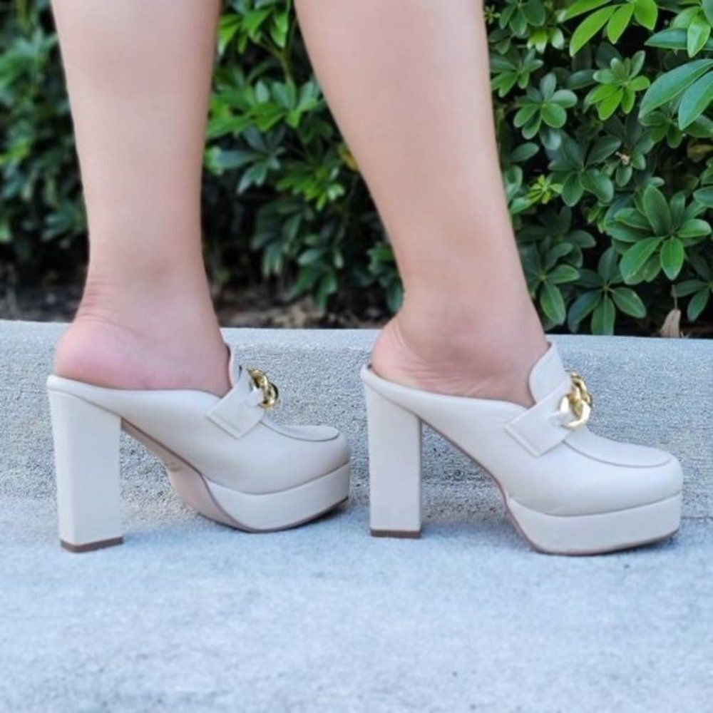 Women Platform Heeled Mule Open Loafers Nude Color